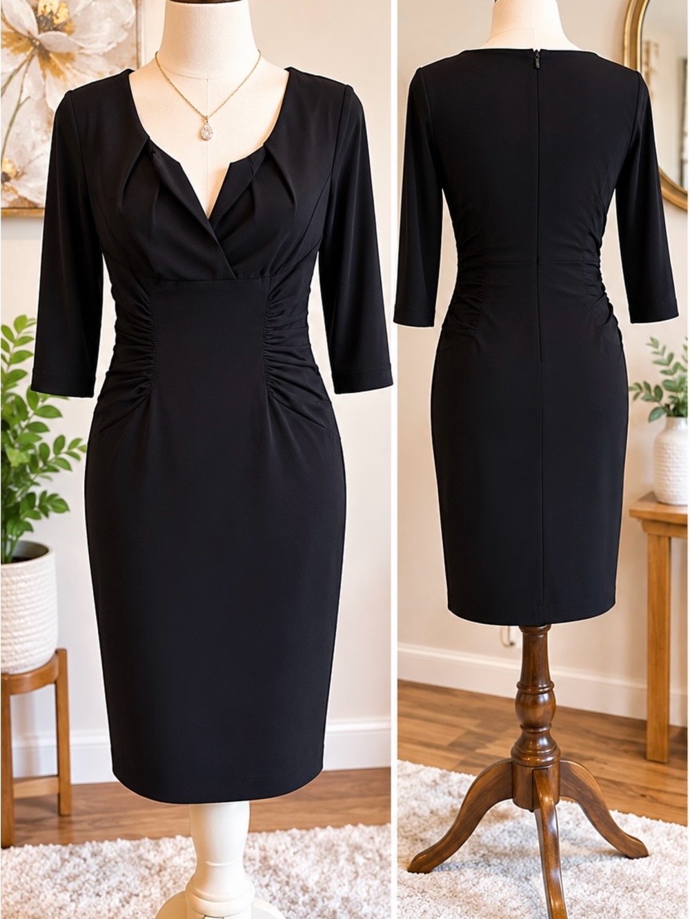 Adrianna Papell Petite Black Ruched Sheath Cocktail Wedding Guest Dress